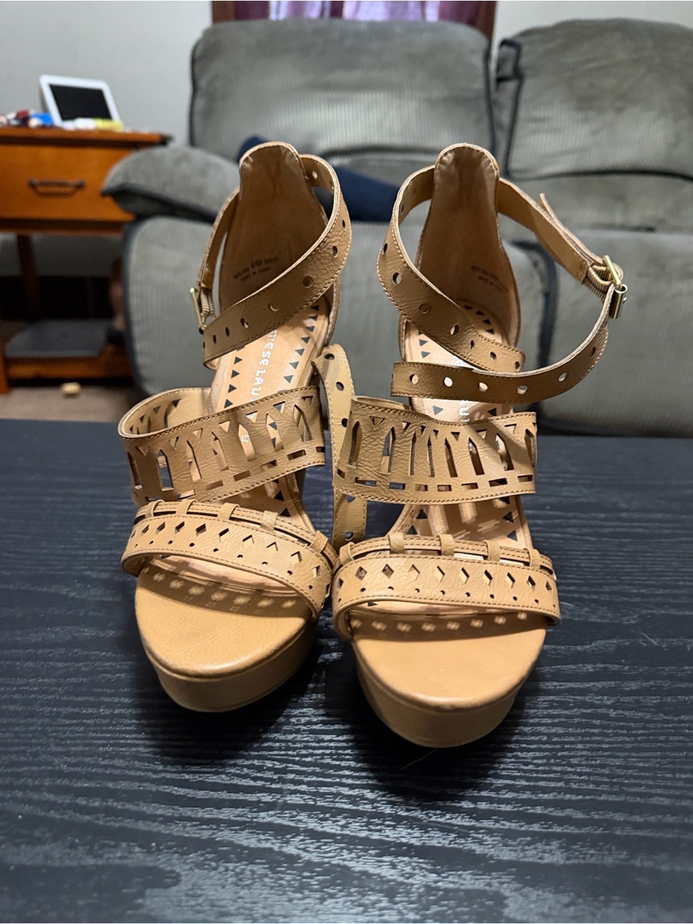 Steve Madden Tan Laser-Cut Wedge Sandals